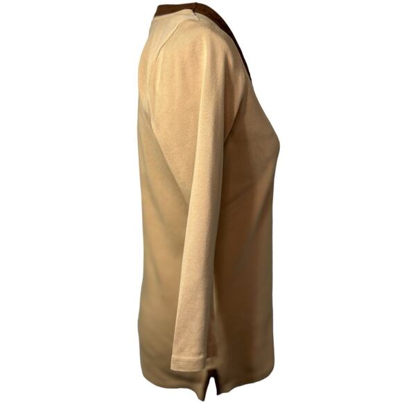 Lauren Ralph Lauren Tan Brown Suede Trim V Neck Long Sleeve top Size Med - Picture 5 of 11